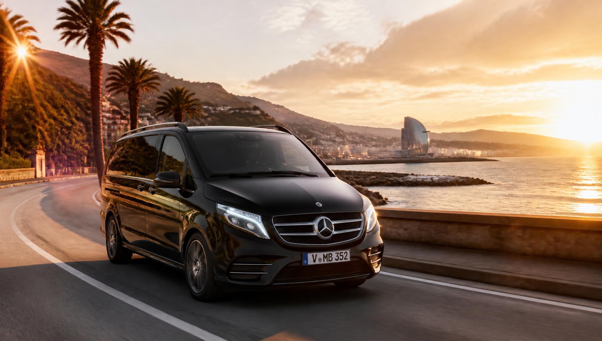 Black Mercedes V-Class private transfer driving along the Barcelona coastline at sunset